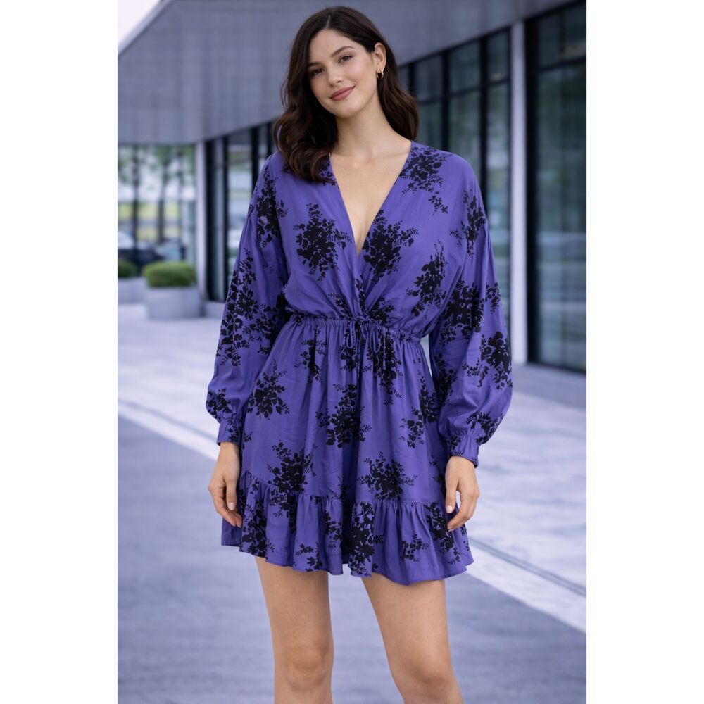 Zara Floral Boho Dress Bloggers Favorite Purple Black Long Sleeve M